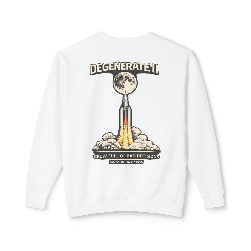 Space Logo Rocket Launch Crewneck Sweatshirt — Lightweight White Casual Pullover