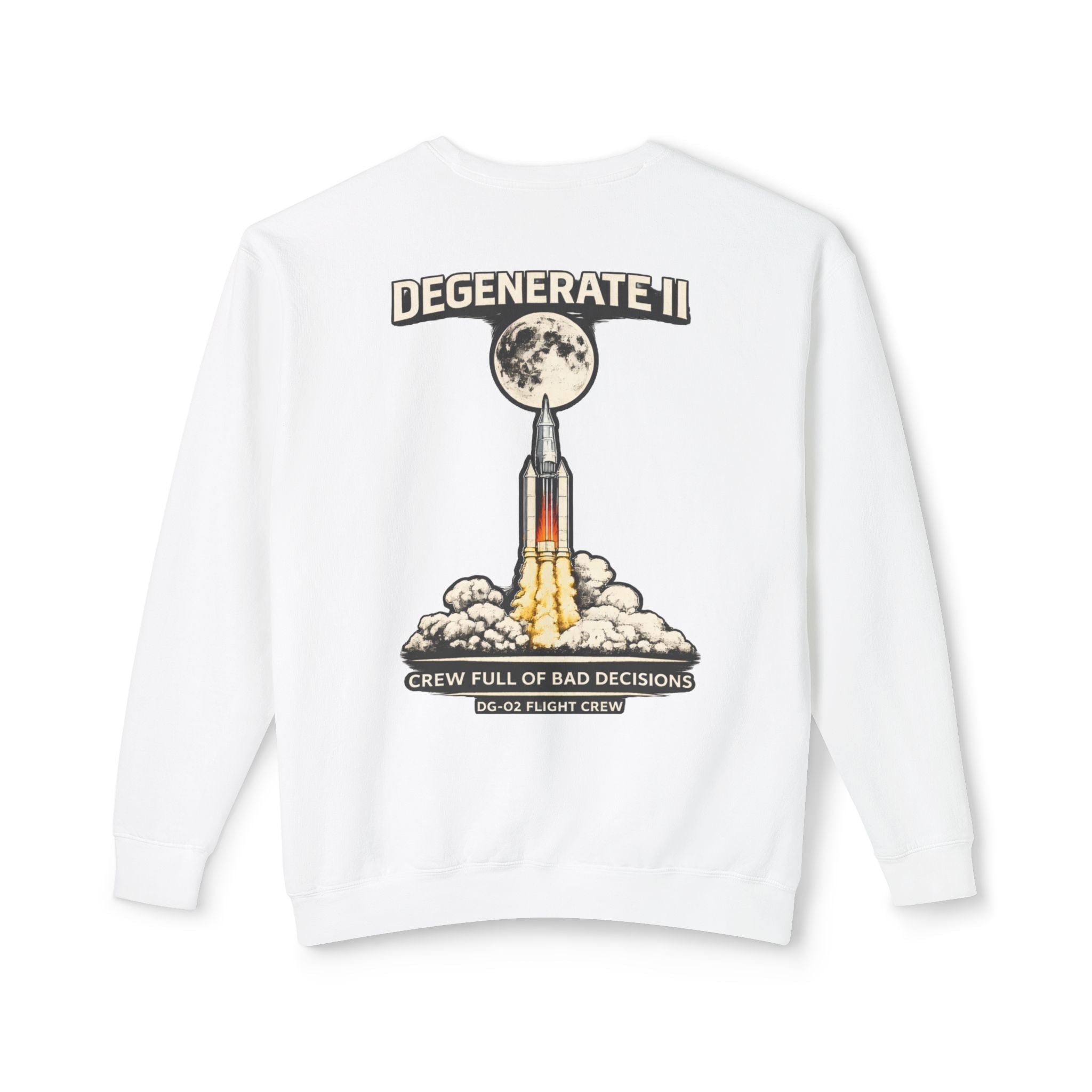 Space Logo Rocket Launch Crewneck Sweatshirt — Lightweight White Casual Pullover