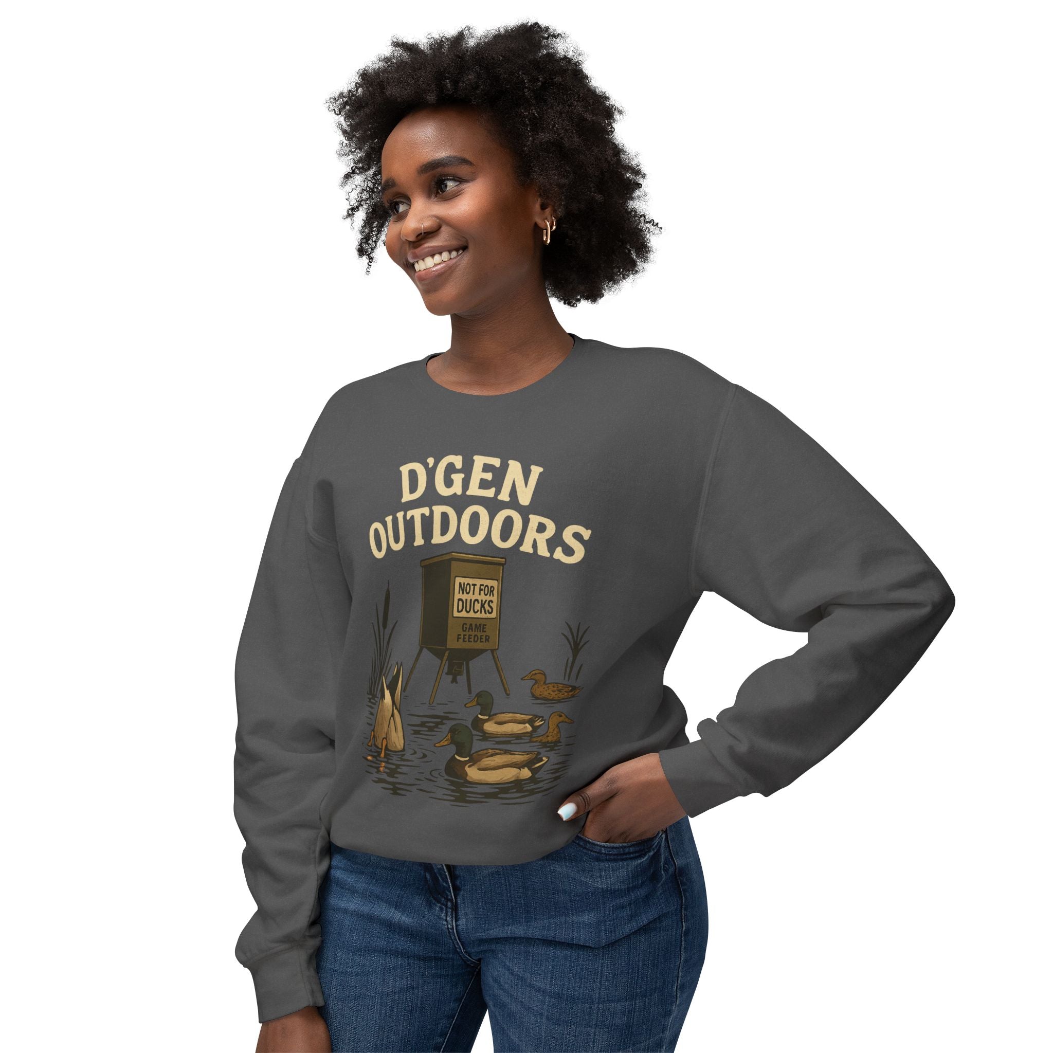 D'Gen Outdoors Duck Blind Crewneck Sweatshirt — 'Not For Ducks' Waterfowl Hunting Design
