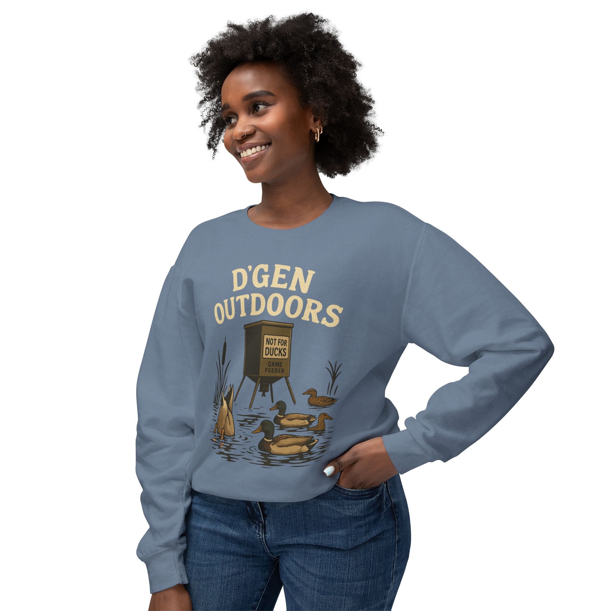 D'Gen Outdoors Duck Blind Crewneck Sweatshirt — 'Not For Ducks' Waterfowl Hunting Design