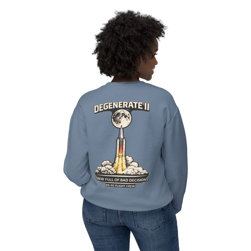 Space Logo Rocket Launch Crewneck Sweatshirt — Lightweight White Casual Pullover