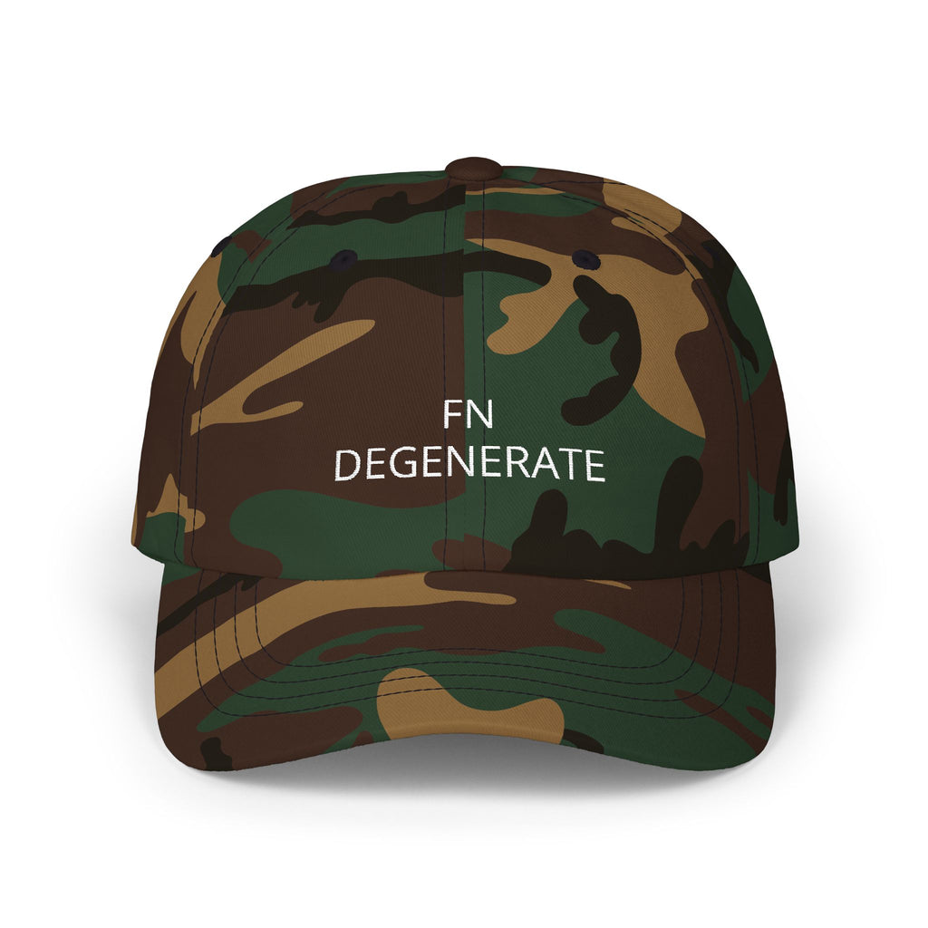 White Words “FN DEGENERATE” Embroidered Dad Cap at