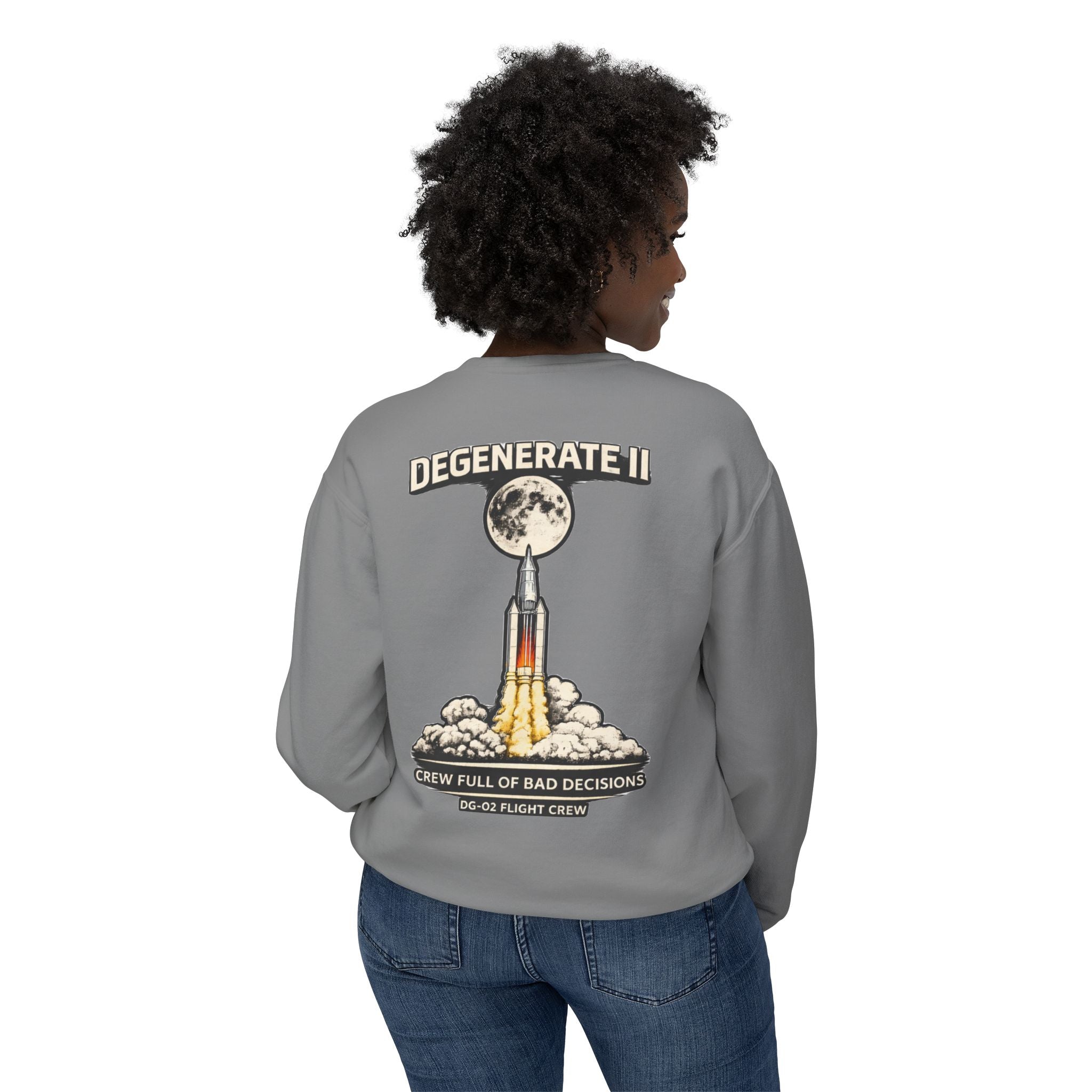 Space Logo Rocket Launch Crewneck Sweatshirt — Lightweight White Casual Pullover