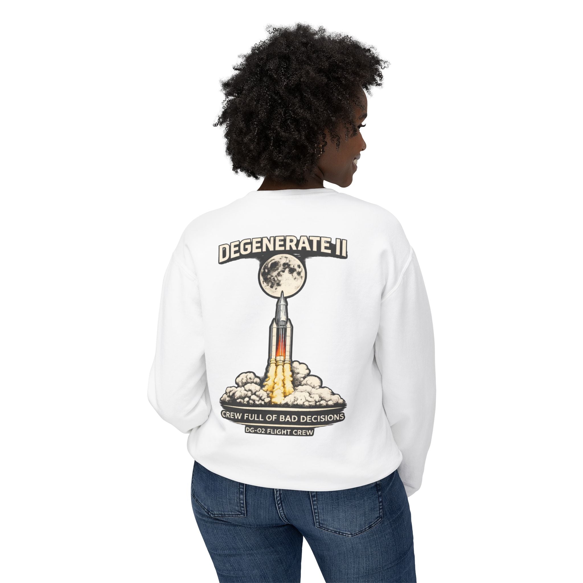 Space Logo Rocket Launch Crewneck Sweatshirt — Lightweight White Casual Pullover