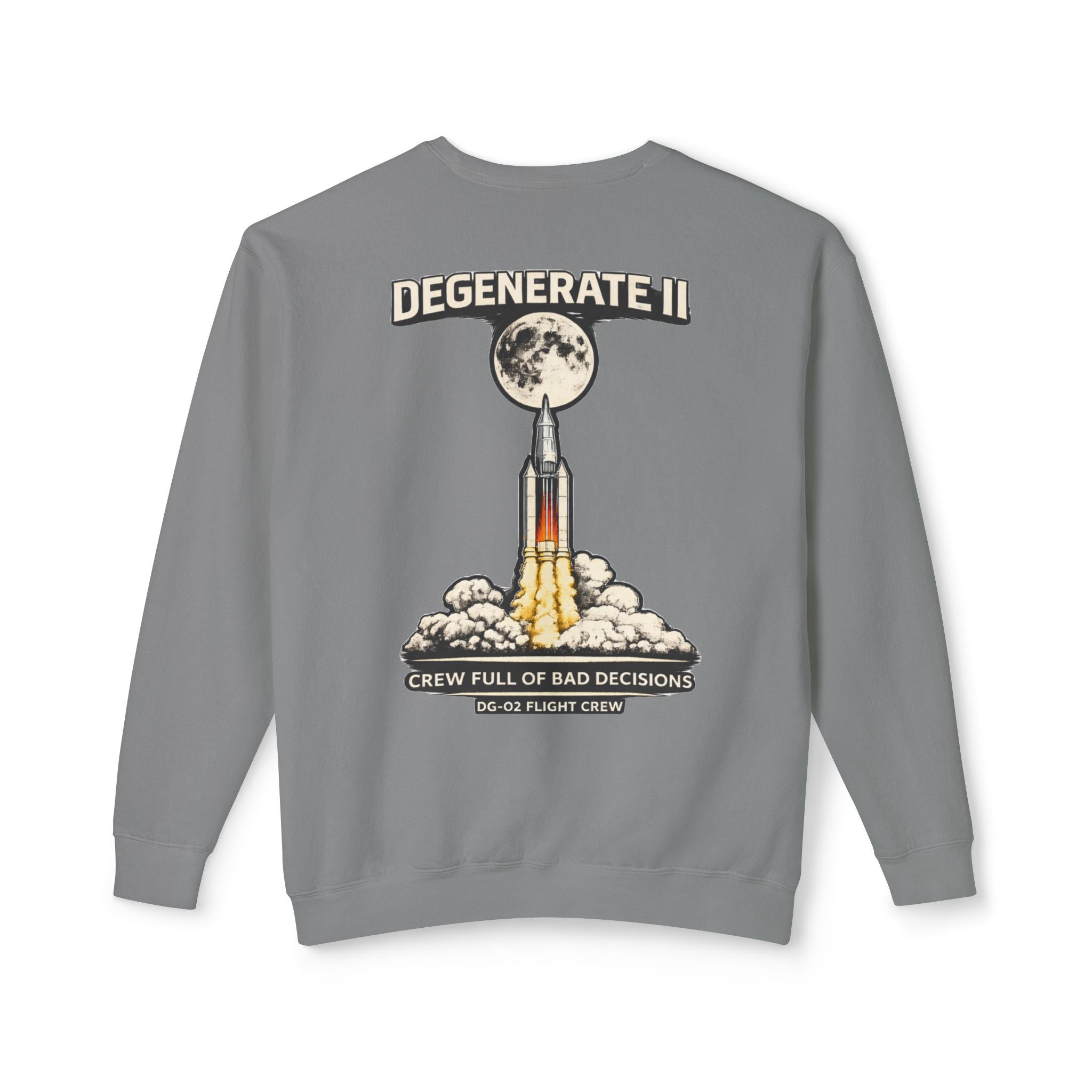 Space Logo Rocket Launch Crewneck Sweatshirt — Lightweight White Casual Pullover