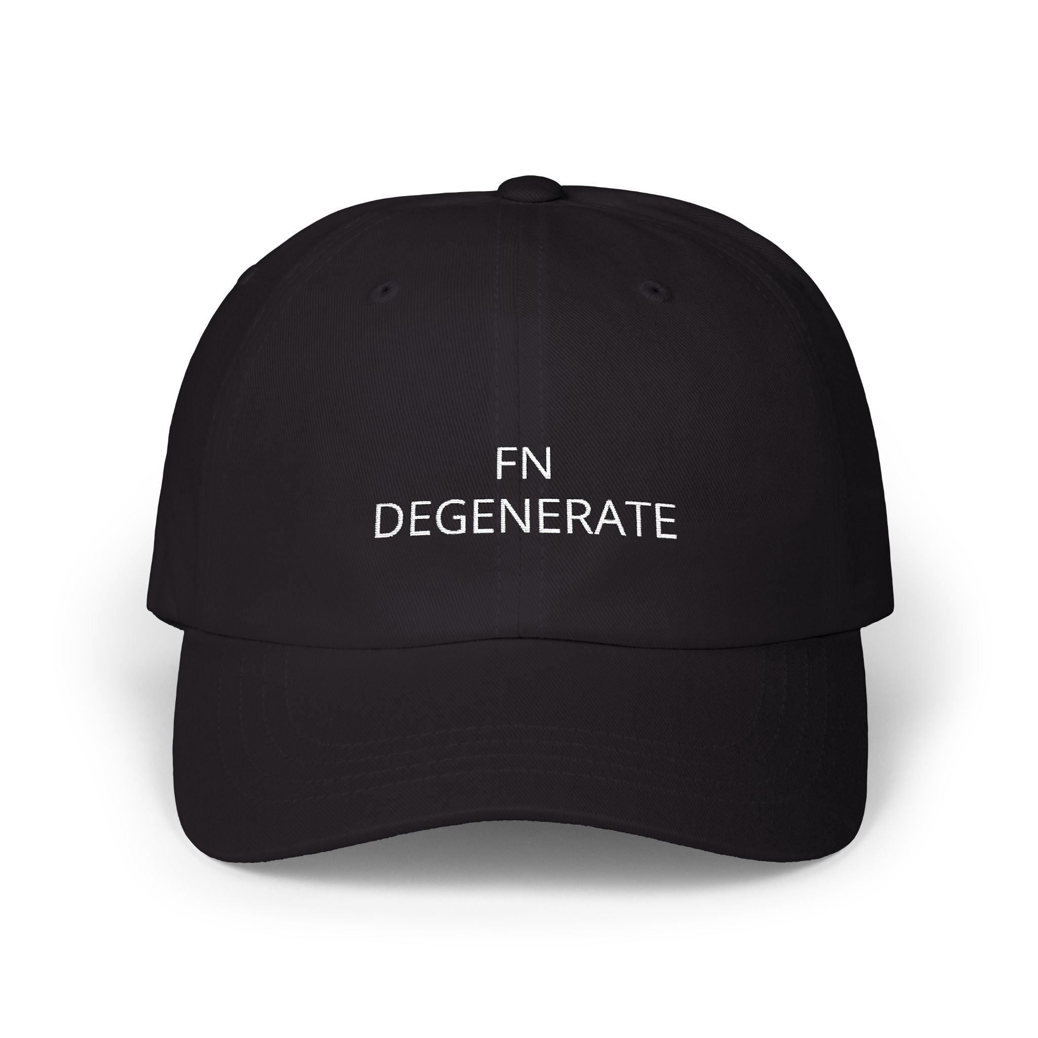 White Words “FN DEGENERATE” Embroidered Dad Cap at