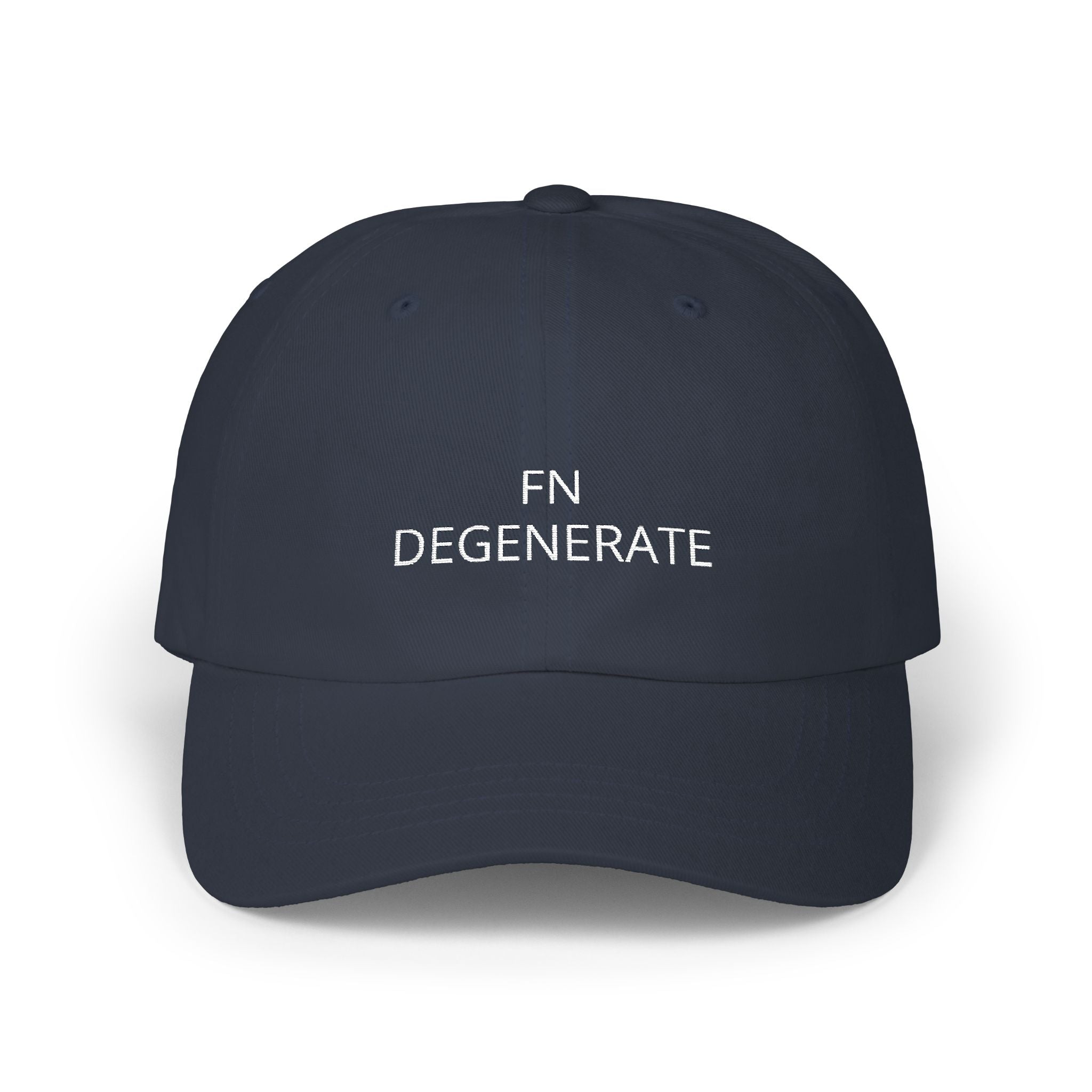 White Words “FN DEGENERATE” Embroidered Dad Cap at