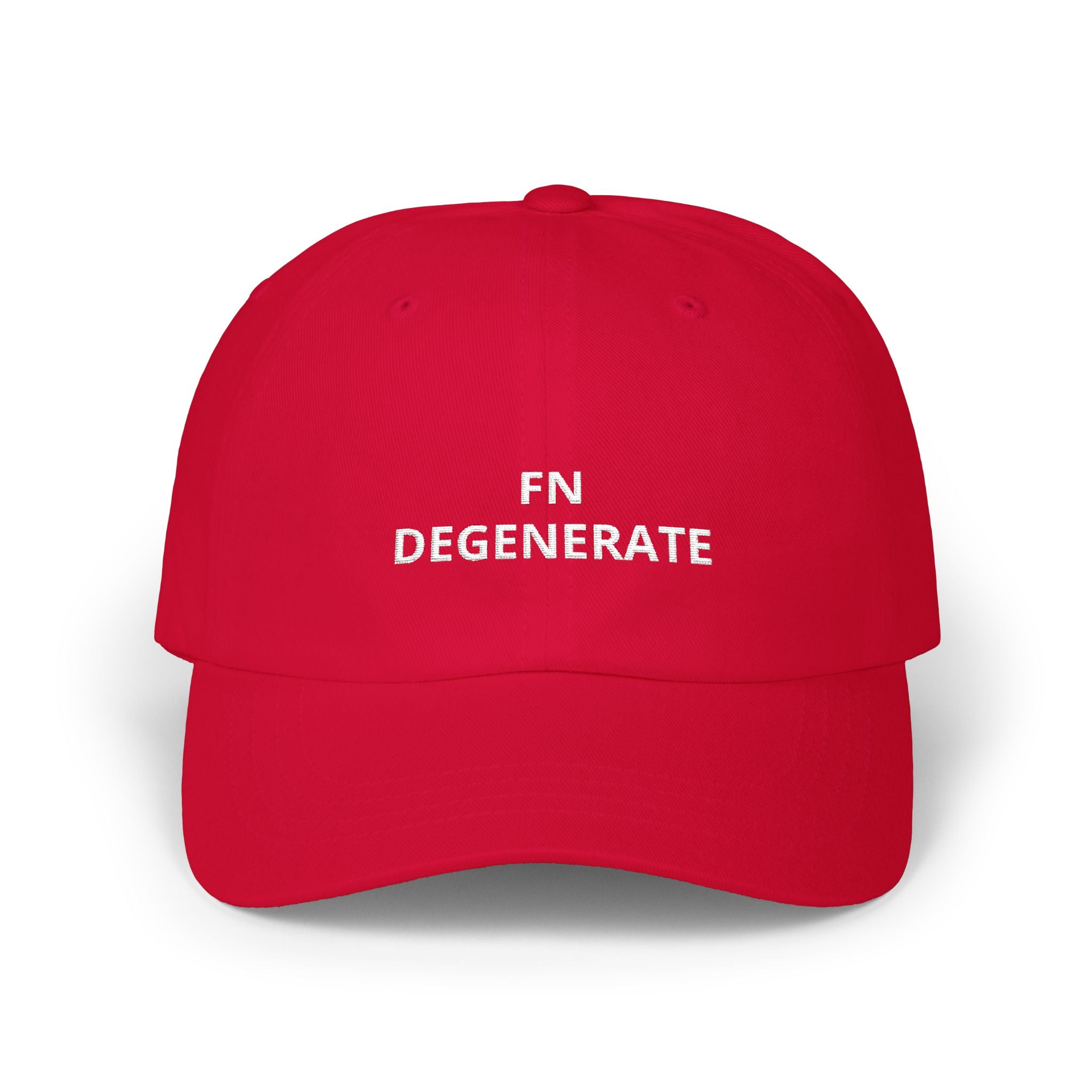 White Words “FN DEGENERATE” Embroidered Dad Cap at